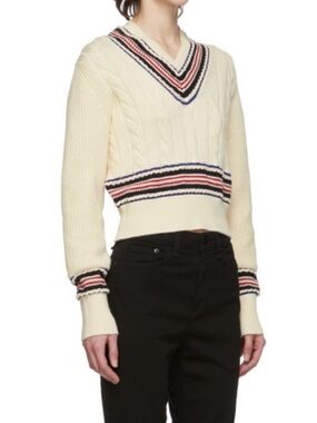 rag & bone Cream V-Neck Sweater with Navy & Red Trim